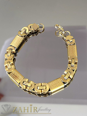 Висококачествена гривна от позлатена стомана с гравирани плочки и плоска римска верижка, широка 1 см, 4 дължини- GS1505